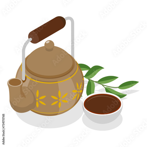 3D Isometric Flat Vector Illustration of Chinese Tea, Hot Herbal Beverage. Item 2