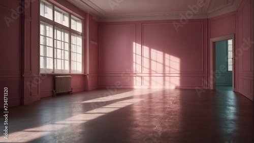 Beautiful original background image of an empty space in pink tones with a play of light and shadow on the wall and floor for design or creative work © SR Production