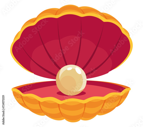 Pearl in seashell. Open seashels scallop and pearl shell icon. Beautiful pearl in clam shell in cartoon flat style. Vector illustration isolated on white background