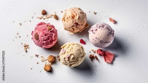 Fresh, frozen, delicious ice cream balls with vanilla, hazelnut, strawberry, and cherry tastes standing on the white minimalistic surface, the classic recipe of Italian gelato