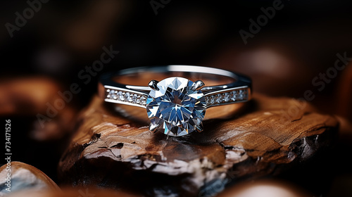 Editorial photo of engagement ring with big shiny diamond and gem on the wooden brown natural stand