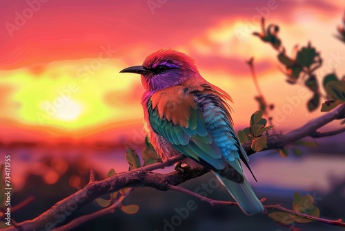 Colorful bird on a branch sunset background,