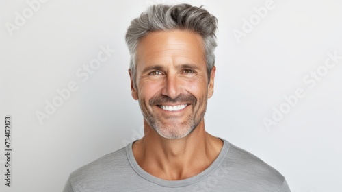 attractive middle aged man in white mock-up T-Shirt, looking into camera