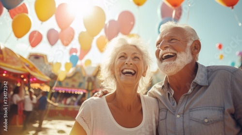 An older senior couple has fun and joy at an amusement park