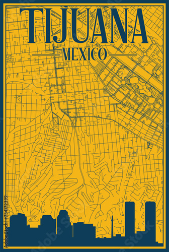 Yellow and blue hand-drawn framed poster of the downtown TIJUANA, MEXICO with highlighted vintage city skyline and lettering