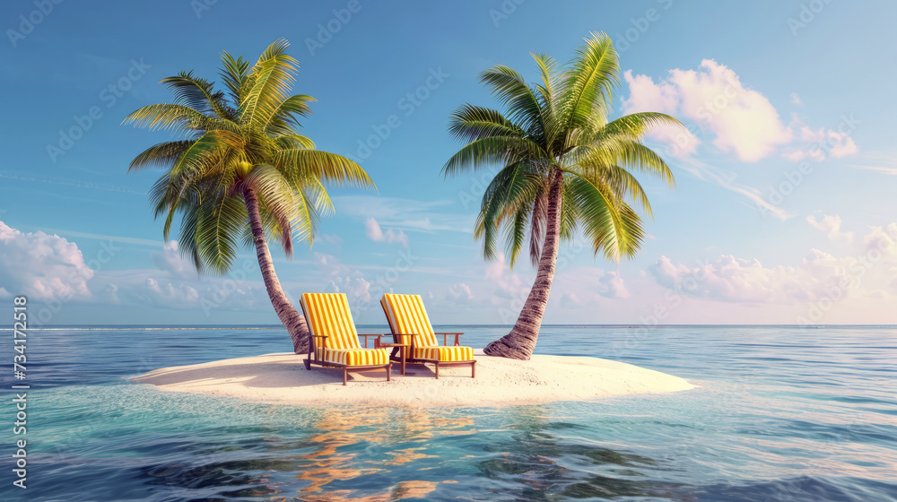 deckchairs under palm trees on a lonely sand island in the middle of the ocean - obrazy, fototapety, plakaty 