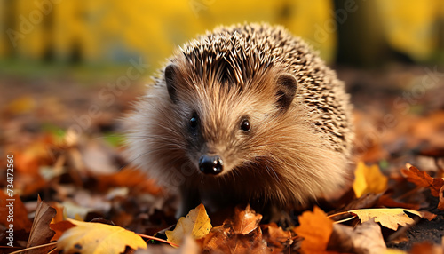 Cute hedgehog in autumn forest, small and fluffy mammal generated by AI