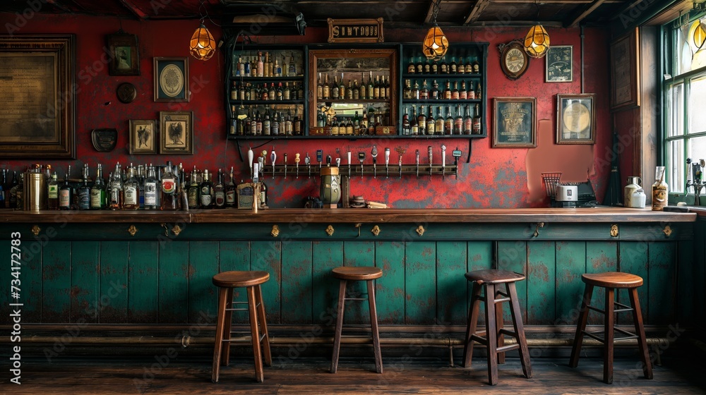 the counter bar in a cosy old english or irish pub with lots of whisky bottles in the background