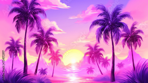 Beautiful tropical sunset with palms and beach in pink neon color, art deco