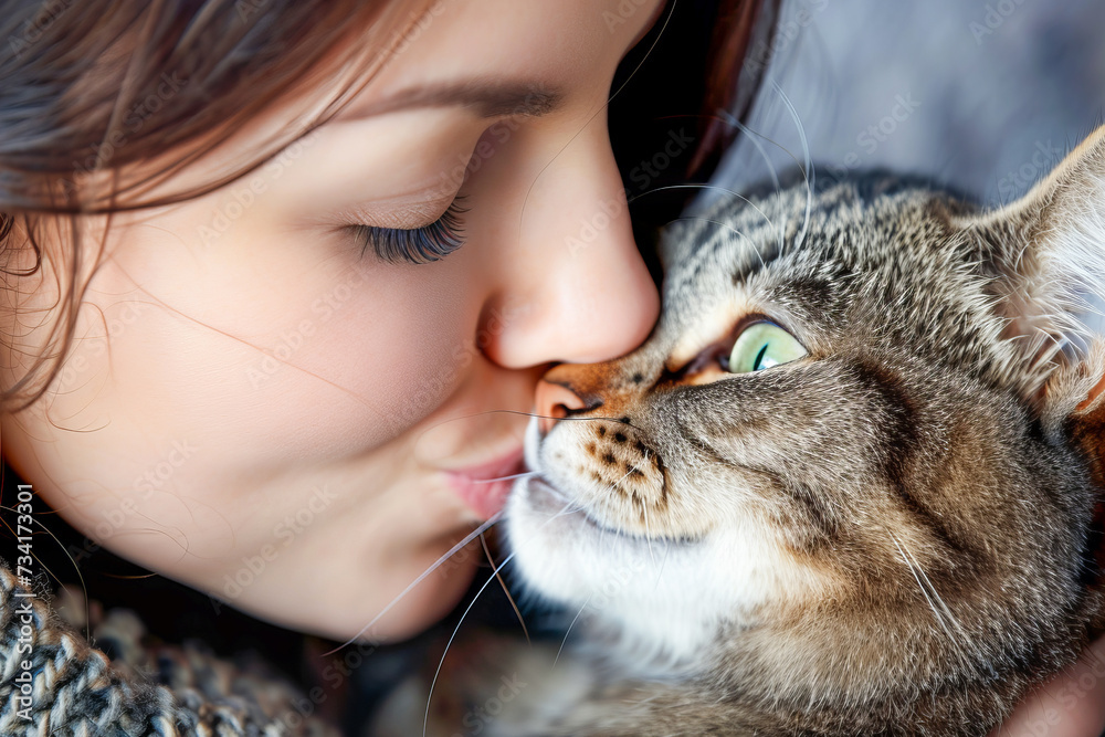 Woman and cat together, focus on the detail of the lips approaching, international kissing day, April Woman and cat together, focus on the detail of the lips approaching, international kissing day, April