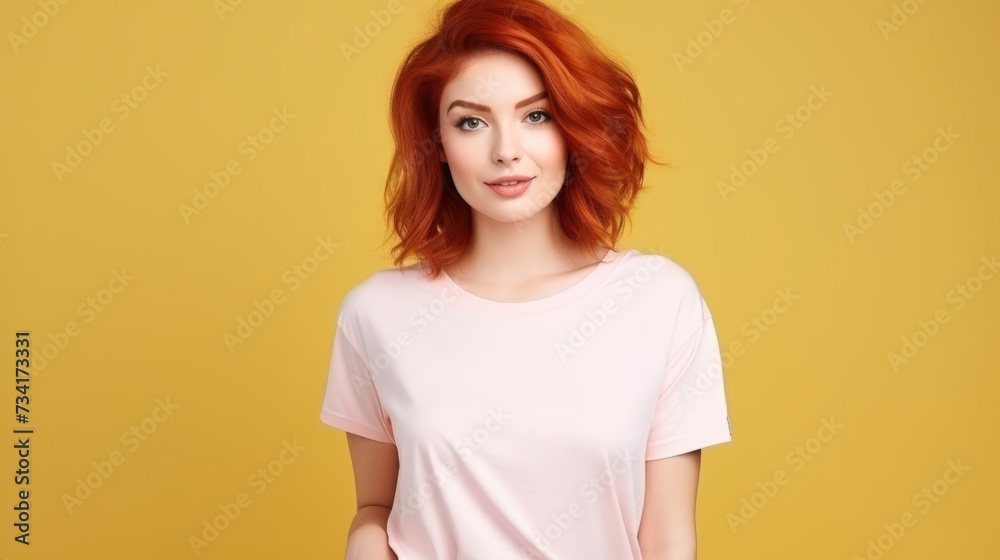 attractive and pretty woman in white mock-up T-Shirt, looking into camera attractive and pretty woman in white mock-up T-Shirt, looking into camera