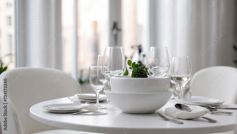 Elegance and Simplicity, A White Table Set With Minimalistic White Plates and Shiny Silverware armchairs Elegance and Simplicity, A White Table Set With Minimalistic White Plates and Shiny Silverware armchairs