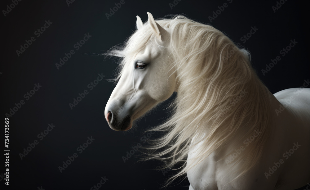 Beautiful white pony on a black background, studio photo
