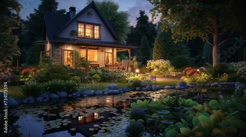 Lonely illuminated villa in nature by a pond at dusk
