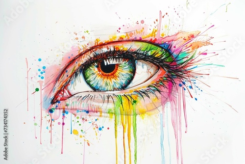Human eye close up with colorful paint   ink splashes and drips