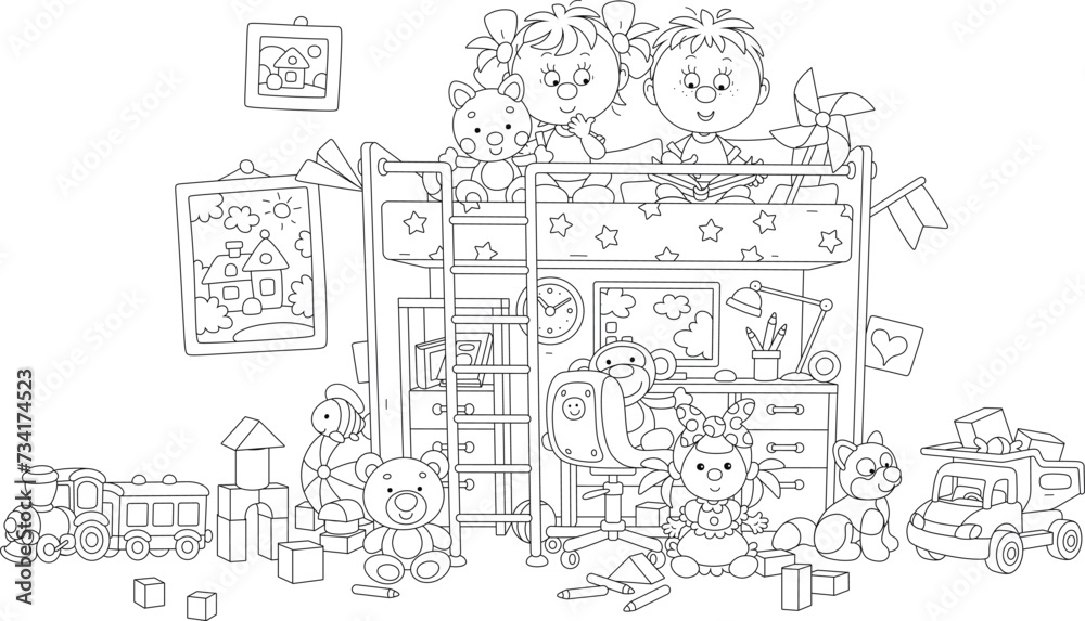 Happy little boy and girl romping with their funny toys in a nursery playroom, black and white vector cartoon illustration for a coloring book