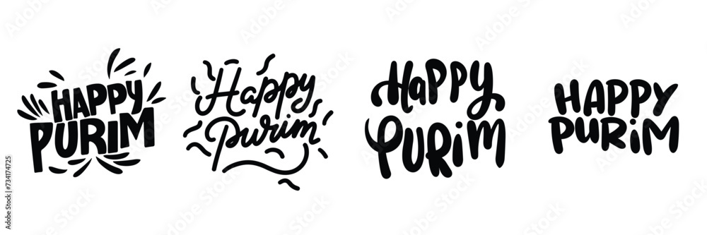 Obraz premium Collection of inscriptions Happy Purim. Handwriting text banner set in black color. Hand drawn vector art.