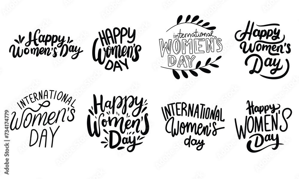 Collection of inscriptions International Women's Day. Handwriting text banner set in black color. Hand drawn vector art.
