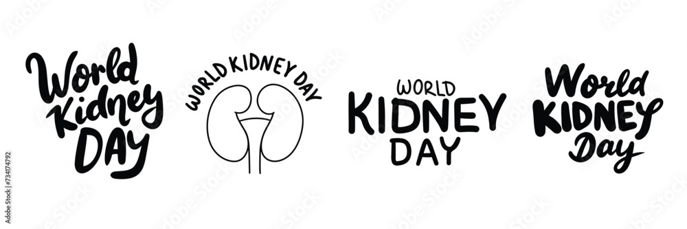 Fototapeta premium Collection of inscriptions World Kidney Day. Handwriting text banner set in black color. Hand drawn vector art.