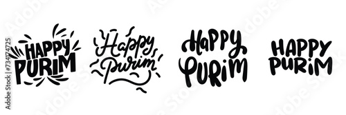 Collection of inscriptions Happy Purim. Handwriting text banner set in black color. Hand drawn vector art.
