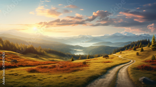 Beautiful landscape with roadway in hills pine