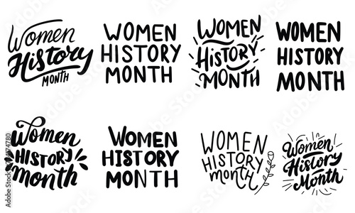 Collection of inscriptions Women History Month. Handwriting text banner set in black color. Hand drawn vector art.