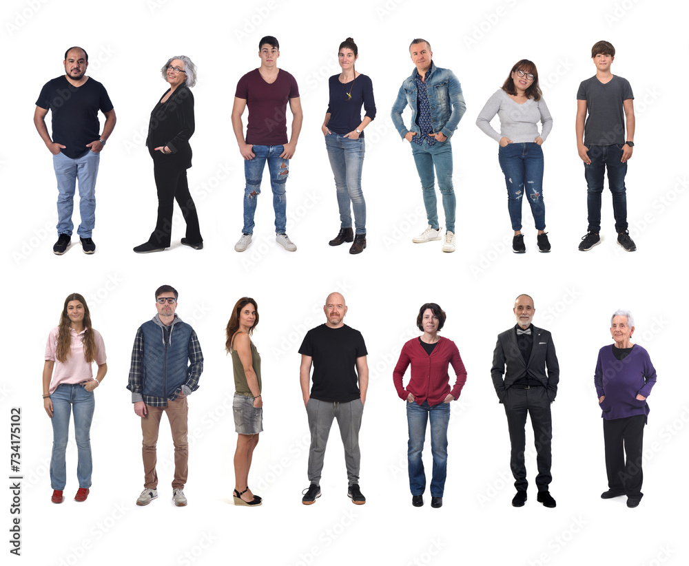 Obraz premium group of men and woman with hands in pockets on white background