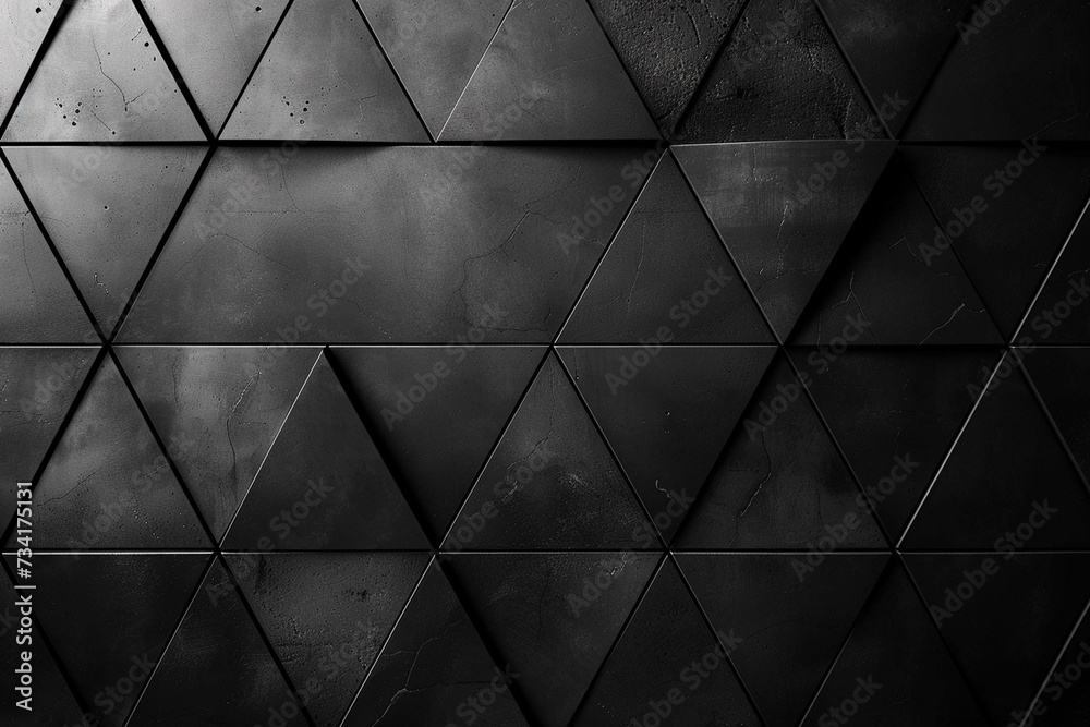 Polished, Semi gloss Wall background with tiles. Triangular, tile Wallpaper with Black blocks. - obrazy, fototapety, plakaty 