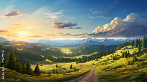 Beautiful landscape with roadway in hills pine