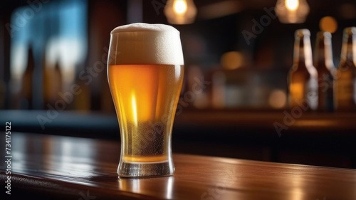 A glass of light beer with foam on a wooden bar on a dark background. Space for text