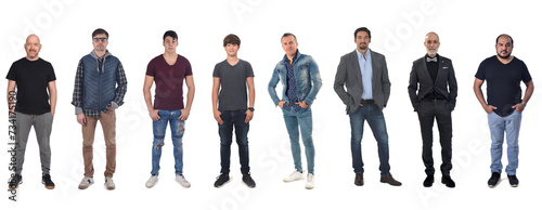 group of men with hands in pockets on white background