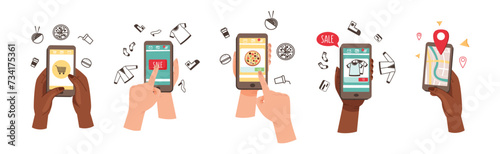 Hand with Smartphone Device Use Different App Vector Set