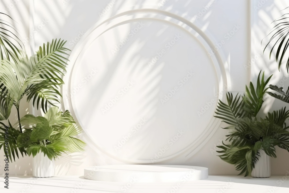Abstract White Studio Background: Product Presentation in an Empty Room with Shadows of Window, Flowers, and Palm Leaves - 3D Space with Copy Space for Summer