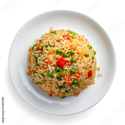 Fried rice with vegetables on white plate top view isolated on white background