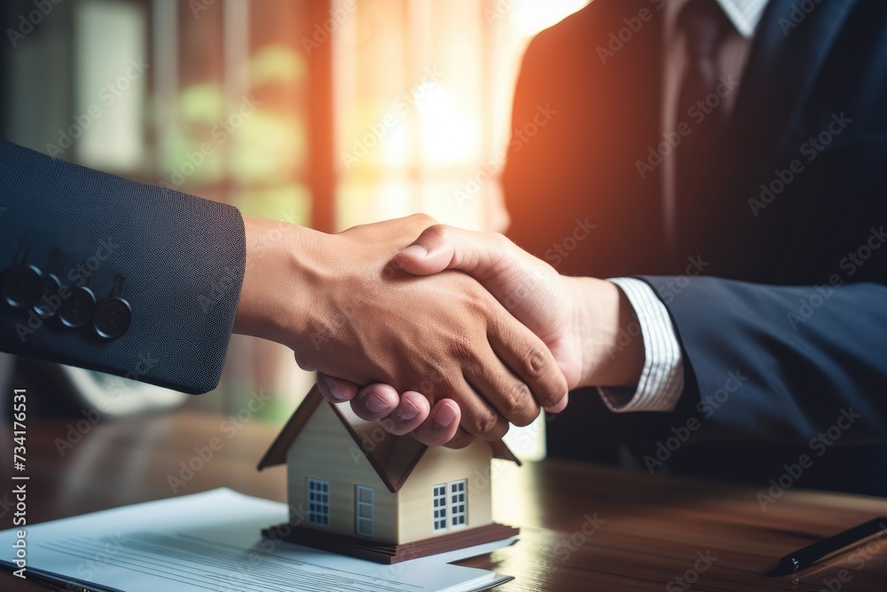 Lease rental and selling a home. Dealership manager hand, lease, rental and selling home. Dealership manager handshake customer to the new homeowner, Ai generated