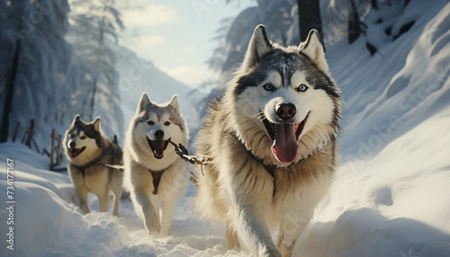 Running sled dogs in the winter  a purebred Malamute leads the pack generated by AI