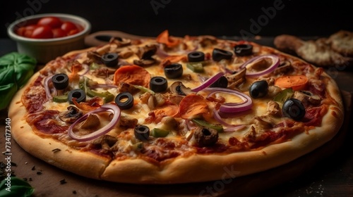 Delicious Pizza with Olives, Mushrooms and Ham on a Wood Board 
