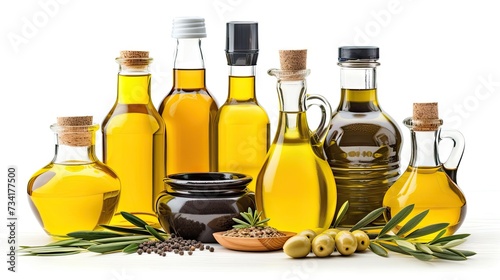 Cooking essentials - vegetable oil and olive oil in different bottles, isolated on white stock photo