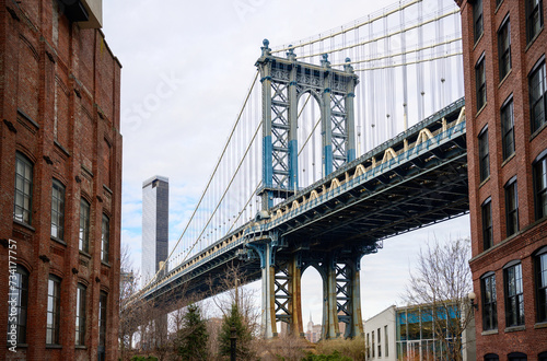 The iconic Manhattan Bridge, view from the well-known selfie spot at Washington Street intersection in Dumbo, Brooklyn, New York, USA