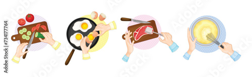 Hands Preparing and Cooking Food Above View Vector Set