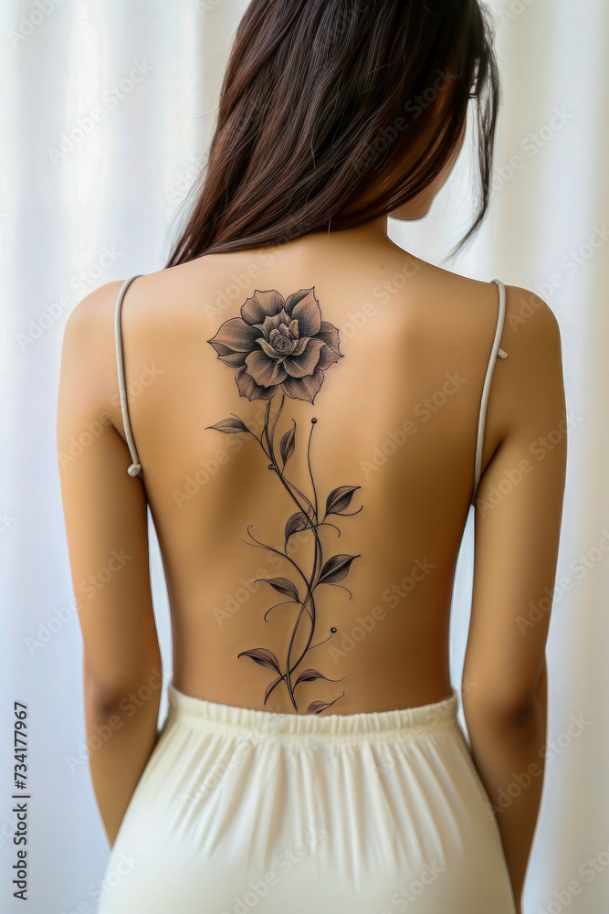 Naklejka premium Intricate Floral Back Tattoo on a Woman