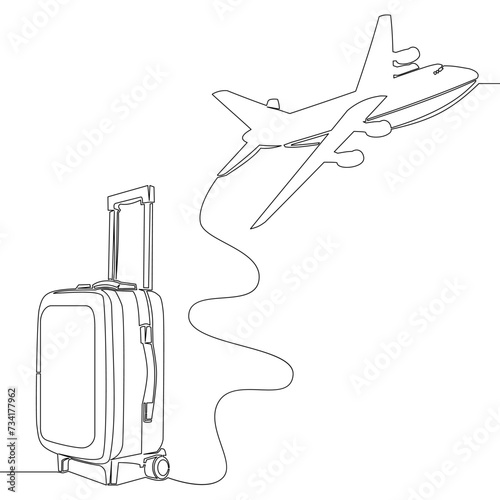 Continuous line drawing Suitcase and airplane Vacation with luggage and travel baggage icon vector illustration concept