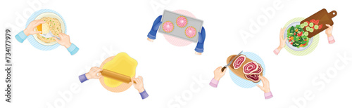 Hands Preparing and Cooking Food Above View Vector Set