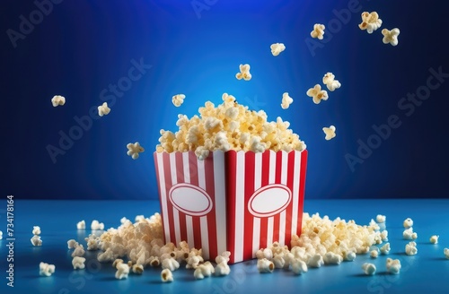 3D popcorn isolated on the blue striped background.For website,ads,poster,place and promotion material.Also useful for banner,marketing on social network and blog advert