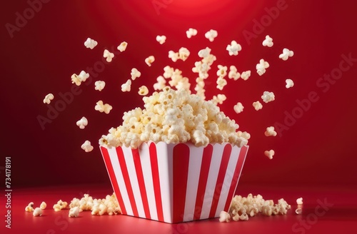 3D popcorn isolated on the blue striped background.For website,ads,poster,place and promotion material.Also useful for banner,marketing on social network and blog advert
