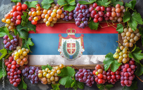 Conceptual banner for winemaking in Vojvodina region in Serbia. Vojvodina flag framed vine with grapes. photo