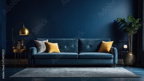 Luxury sofa with lamp in living room interior design on dark blue painted wall background with copy space