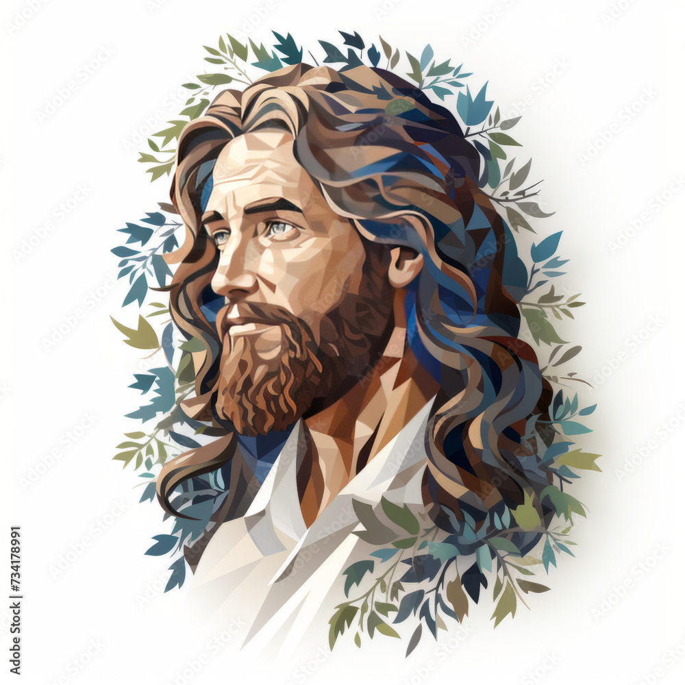 Geometric Illustration of Jesus Surrounded by Foliage

