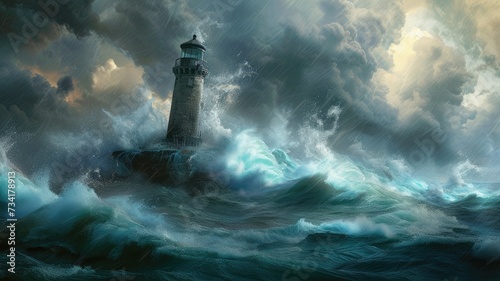 an offshore lighthouse standing tall amidst crashing waves, its sturdy structure weathering the elements while guiding ships safely through treacherous waters.