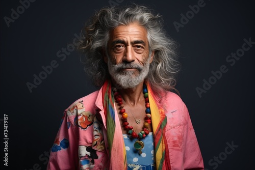 Portrait of a senior Indian man with long grey hair and beard.